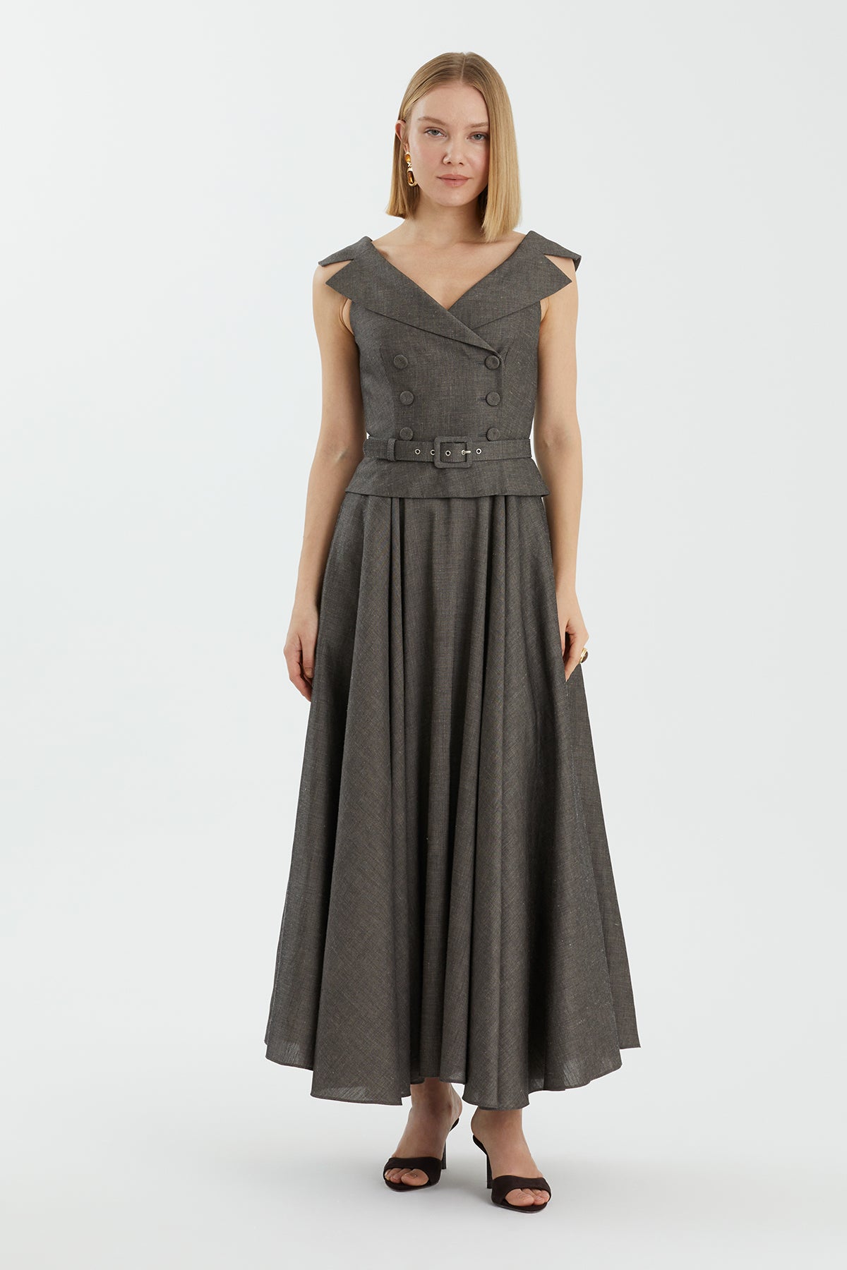 Kemerli Pileli Maxi Gri Elbise
