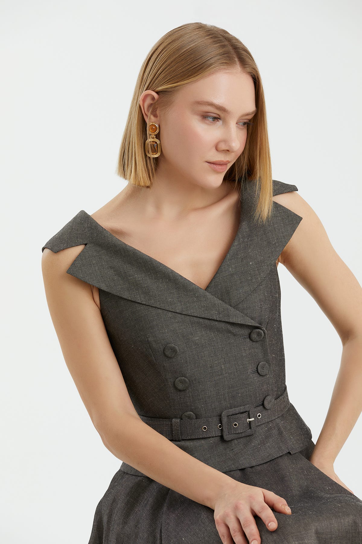 Kemerli Pileli Maxi Gri Elbise