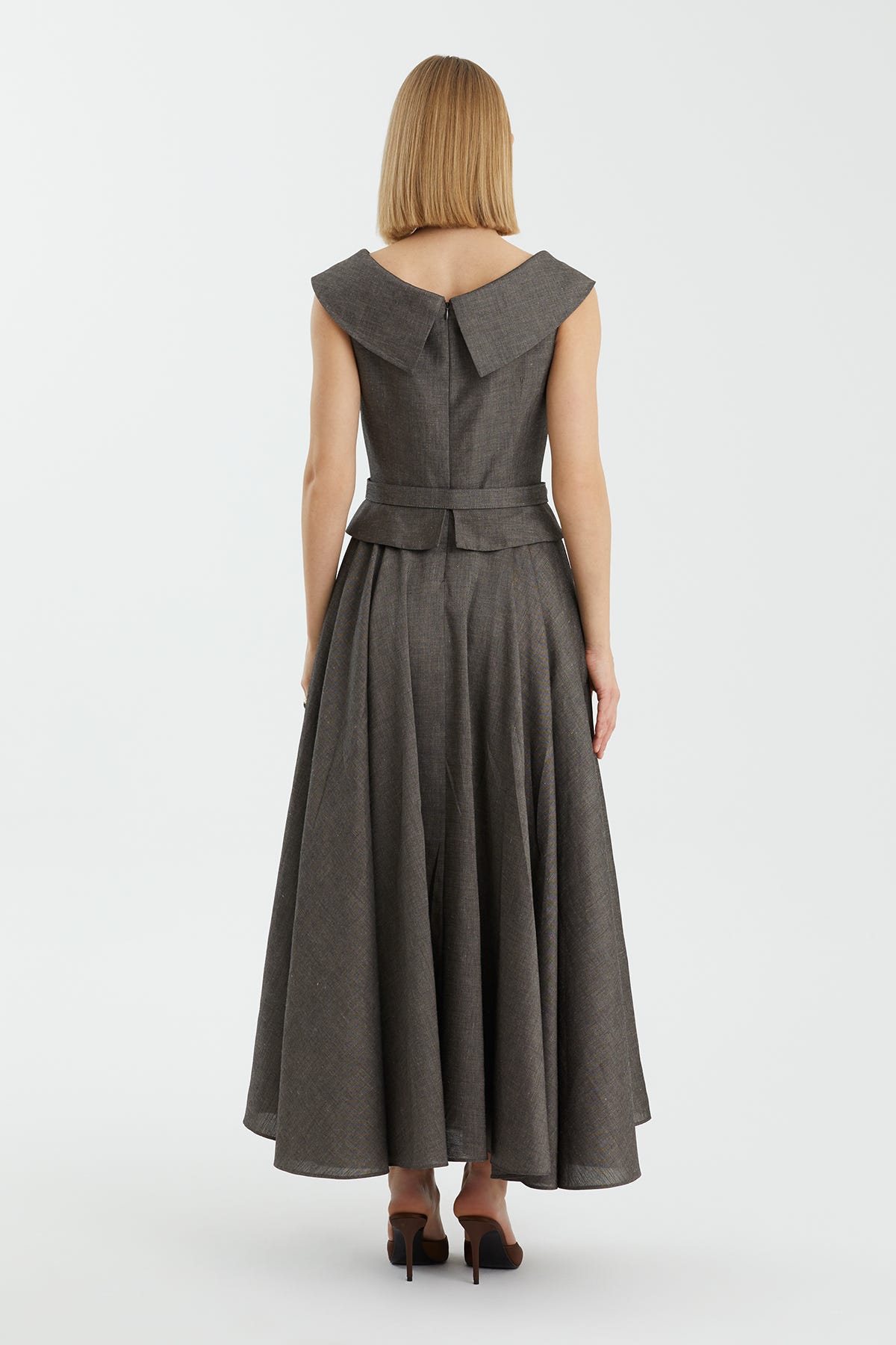 Kemerli Pileli Maxi Gri Elbise