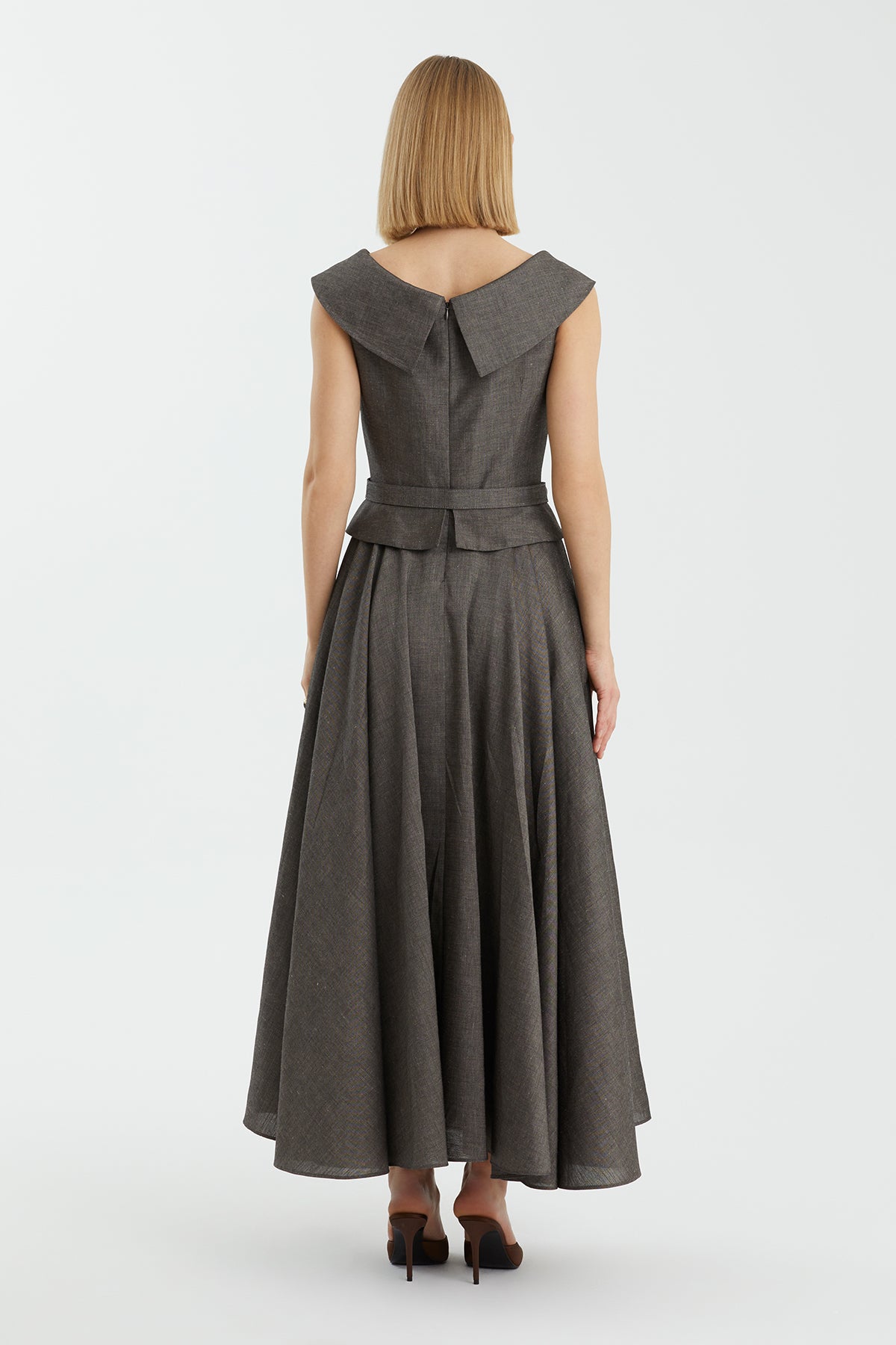 Kemerli Pileli Maxi Gri Elbise