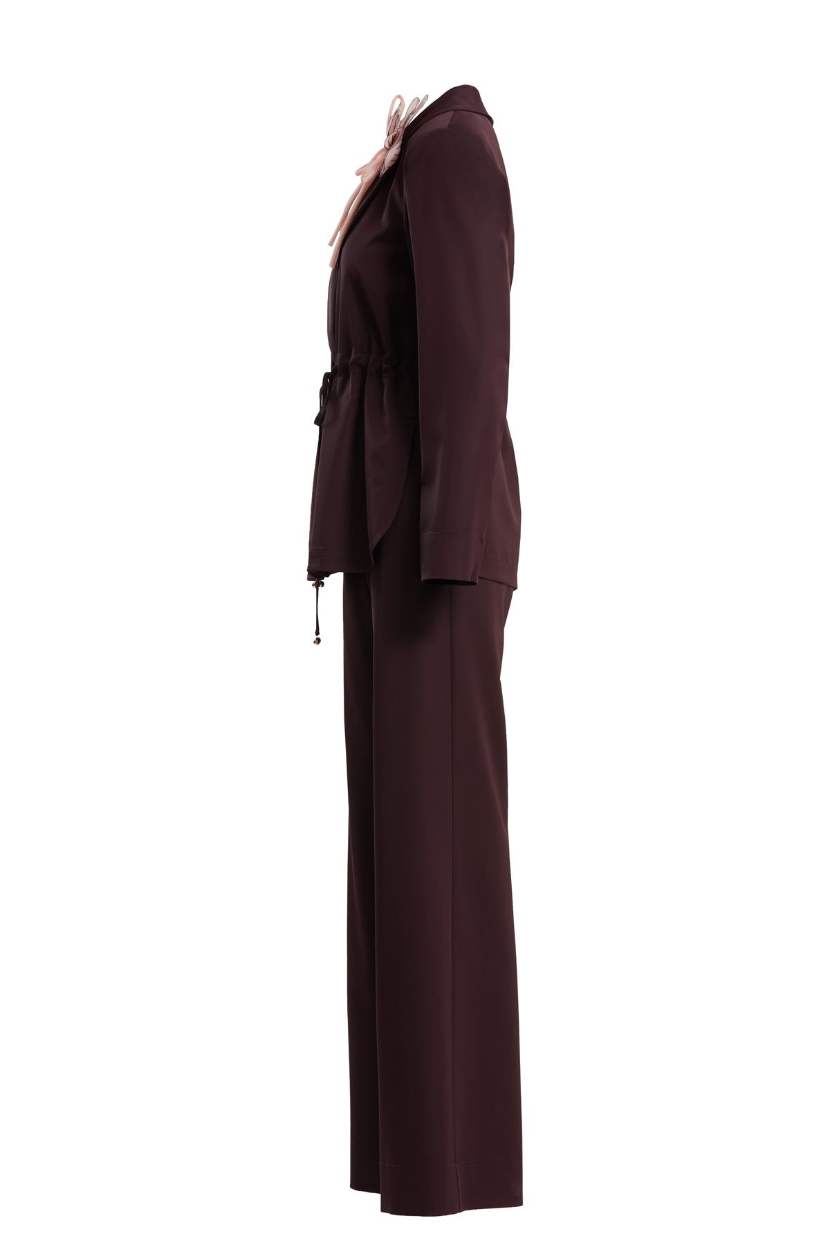 Çiçek Broş Detaylı Mürdüm Ceket Pantolon Takım