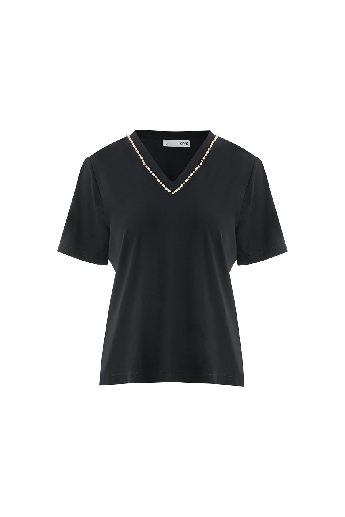Yakası İşleme Taş Detaylı Siyah T-Shirt