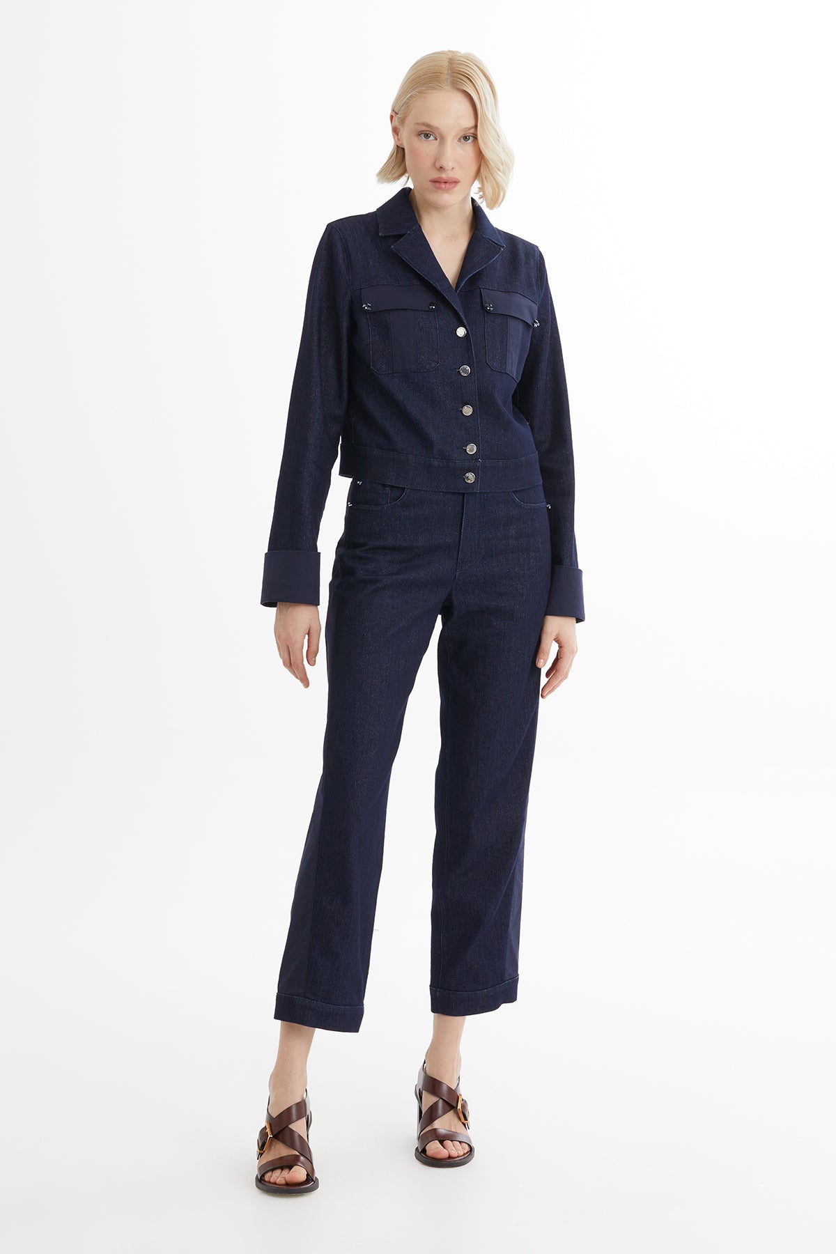 İşleme Detaylı Lacivert Denim Ceket