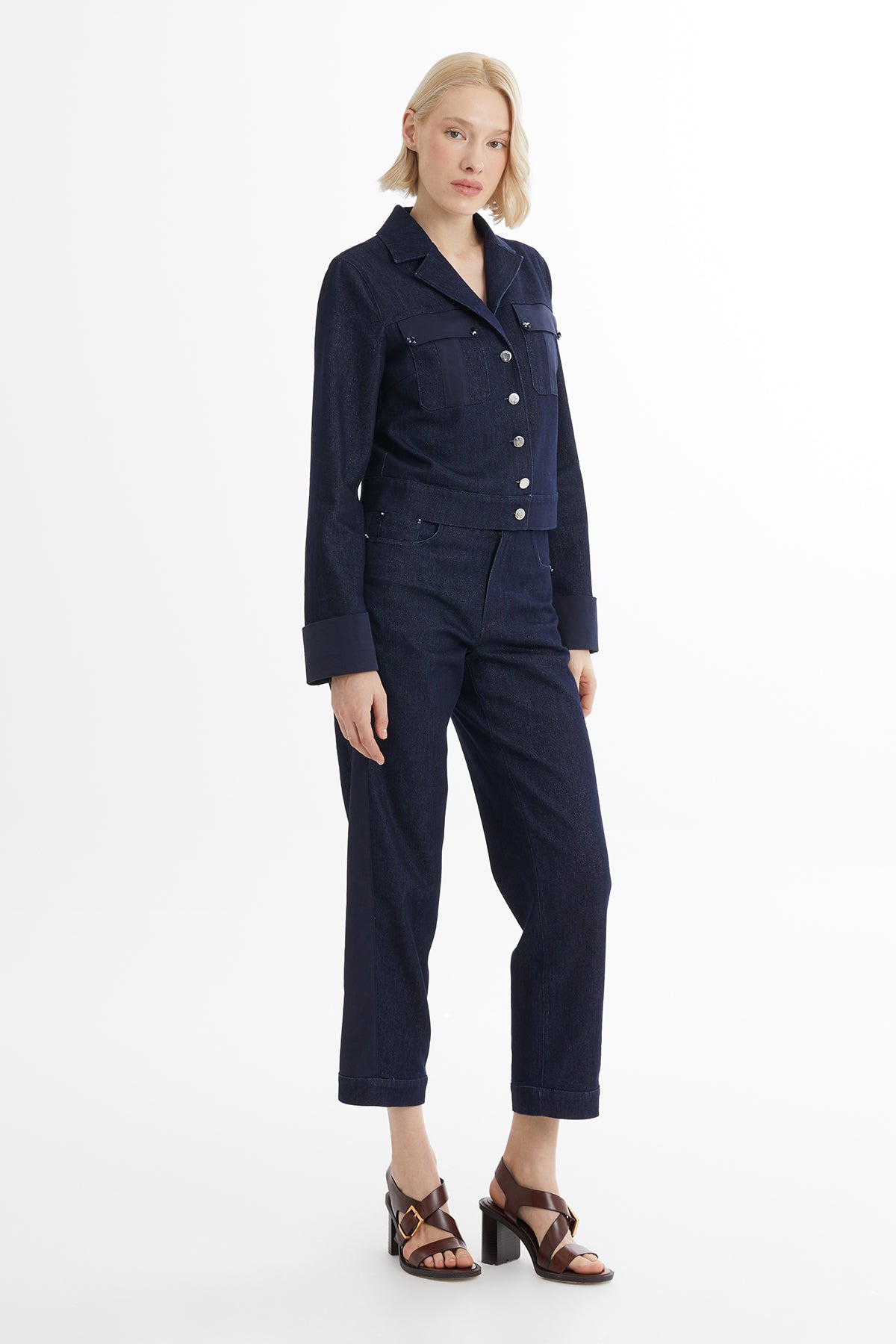 İşleme Detaylı Lacivert Denim Ceket